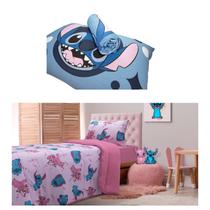 Kit Quarto Stitch Casal Edredom Rosa e Jogo de Cama Azul Portallar