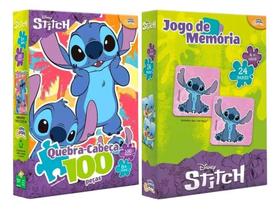 Kit Quebra Cabeça 100 Peças + Jogo Da Memória Disney Stitch Kit Quebra Cabeça 100 Peças + Jogo Da Memória Disney Stitch
