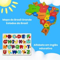 Kit Quebra cabeça Educativo Mapa do Brasil Grande e Alfabeto ABC Encaixe Madeira