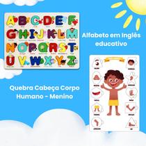 Kit Quebra Cabeça Encaixe Corpo Humano Menino e Alfabeto Abc Montessoriano