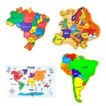 Kit Quebra-cabeça Mapa Mundi Brasil Am. Sul e Europa