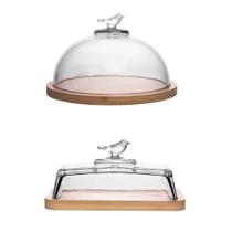 Kit Queijeira e Manteigueira Bambu Bird em Cristal com Base em Bambu para Mesa Transparente Wolff