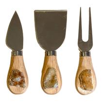 Kit Queijo Em Bambu E Pedra Drusa Citrino - 3 peças