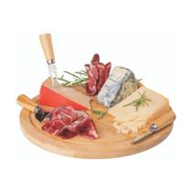 Kit Queijo Tabua em Bambu Com 4 Cortadores em Inox Mesa Posta Queijos e Vinhos - MUNDIART