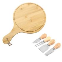 Kit Queijos Tábua e 4 Utensílios Bambu Servir Frios