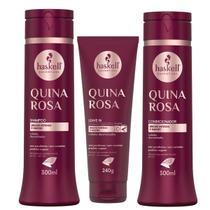 Kit Quina Rosa Haskell Shampoo e Condicionador 300ml + Leave in Finalizador 240g Brilho Intenso e Maciez para Cabelos Desvitalizados