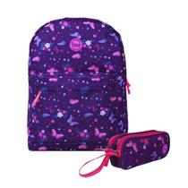 Kit Rabisk Butterfly Mochilas de Costas Impermeável + Estojo Duplo Zíper Cor Roxo