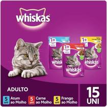 Kit Ração Úmida Whiskas Sachê ao Molho Para Gatos Adultos Atum + Carne + Frango 15x85g