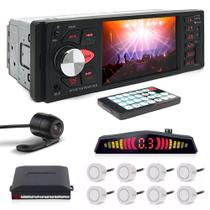 Kit Rádio C/ Tela 1 Din + Câmera Ré + Sensor 8 Pontos Branco Montana 2010 2011 2012 2013 2014 2015 USB Bluetooth