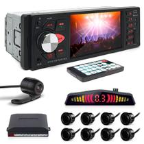 Kit Rádio C/ Tela 1 Din + Câmera Ré + Sensor 8 Pontos Preto Agile 2010 2011 2012 2013 2014 2015 2016 Estacionamento