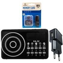 Kit Rádio Portátil Digital Fm Bluetooth Fácil de Sintonizar com Carregador 10w Bivolt Preto e Cartão de Memória 16Gb