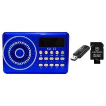 Kit Rádio Portátil FM Usb Mp3 Sd Bluetooth Recarregável Azul Com Cartão de Memória 16GB e 2 Adaptadores