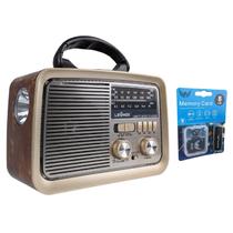 Kit Radio Vintage FM AM SW Usb Micro Sd Aux Recarregavel Bivolt Manual Lanterna e Cartão de Memória 8Gb Para Musicas