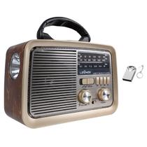 Kit Radio Vintage Portatil Am Fm Recarregável Mp3 Usb Sd Bluetooth Aux Bivolt Com Mini Pendrive 16Gb Metal E Chaveiro