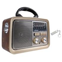 Kit Radio Vintage Portatil Am Fm Recarregável Mp3 Usb Sd Bluetooth Aux Bivolt Com Pendrive 16Gb Metal E Chaveiro