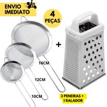 Kit Ralador e Peneiras Inox Coador 12,14 e 16 CM Fatiador 4 Faces Alimentos Utensilios Cozinha Kit Ralador e Peneiras Inox Coador 12,14 e 16 CM Fatiador 4 Faces Alimentos Utensilios Cozinha