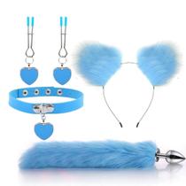 Kit Raposa Azul com Plug Rabo, Tiara, Grampo e Prendedor
