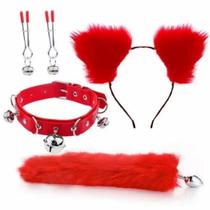 Kit Raposa Cor Vermelha Com Plug, Tiara, coleira, Prendedor