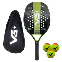 Kit Raquete de Beach Tennis Action Full Carbon Verde com 3 Bolas e Bolsa de Transporte VG Plus