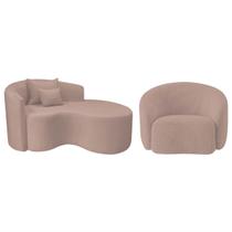 Kit Recamier Curvo Sala de Estar Inglaterra 150cm Lado Direito e Poltrona Orgânica Luxo Amore Linho