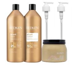 Kit Redken All Soft Shampoo 1 Litro + Condicionador 1 Litro + Máscara 500ml + Válvulas Pump