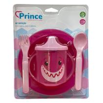 Kit Refeição 4 Peças Prince Baby Shark Caneca+Prato+Talheres Menino e Menina