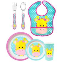 Kit Refeição 6 em 1 Talher Pratos Copo Babador Girafa Buba Kit Refeição 6 em 1 Talher Pratos Copo Babador Girafa Buba