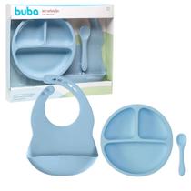 Kit Refeição Alimentação em Silicone Macio Bebe Infantil Introdução Alimentar Azul Completo Buba