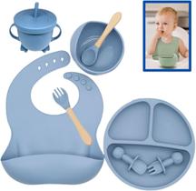 Kit Refeição Bebê Prato Babador Copo Talher Silicone Ventosa