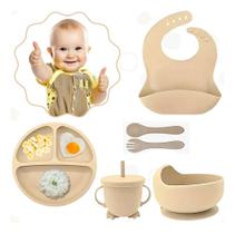 Kit Refeição Bebê Prato Copo Talher Babador 6 PeçasBege