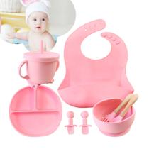 Kit Refeição Bebê Silicone Prato Babador Copo Talher Rosa