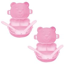 Kit Refeição C/ 2 Potes Ursinho C/ Divisórias+Talheres Rosa