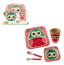 Kit Refeição Criança Bebê C/ Prato Tigela Copo Coruja Rosa