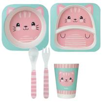 Kit Refeição em Bambu Gatinha Prato Bowl Copo Colher Garfo Kit Refeição em Bambu Gatinha Prato Bowl Copo Colher Garfo