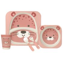 Kit Refeição Em Bambu Onça Rosa Infantil 05 peças 16227 - Buba