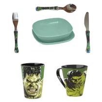 Kit Refeicao HULK, pratos talheres copo e caneca