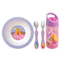 Kit Refeição Infantil 3 Peças Prato Bowl, Kit Talher Inox e Garrafa Canudo Silicone 380ml Buba Aventuras Princesa