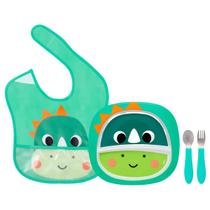 Kit Refeição Infantil 3 Peças Prato com Divisória, Kit Talher Inox e Babador com Pega Migalhas Buba Bubazoo Dino