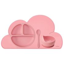 Kit Refeição Infantil 4 Peças Prato Silicone com Ventosas, Bowl, Colher Silicone e Lugar Americano Nuvem Buba Rosa