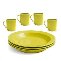 Kit Refeição Infantil 4 Pratos Fundos 23cm e 4 Canecas 400ml Cores Vibrantes Reutilizáveis