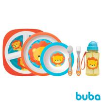 Kit Refeição Infantil 5 Peças Prato Divisórias Raso Bowl Talher e Garrafa Buba Animal Fun Leão