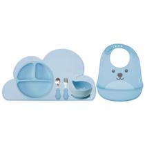 Kit Refeição Infantil 5 Peças Prato Silicone, Bowl, Kit Talher Inox Cabo Silicone, Lugar Americano e Babador Gumy Buba