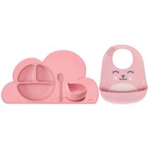 Kit Refeição Infantil 5 Peças Prato Silicone com Ventosas, Bowl, Colher, Lugar Americano Nuvem e Babador Gumy Buba Rosa