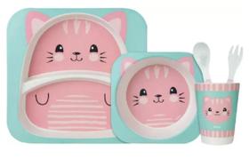 Kit Refeicao Infantil Bambu Gatinho Buba Rosa 5 Pecas