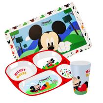 Kit Refeição Infantil Melamina Mickey Mouse Disney Prato Divisórias, Copo e Lugar Americano - Tuut
