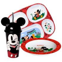 Kit Refeição Infantil Mickey Disney 3 Peças Prato, Bandeja e Copo Com Canudo - Tuut
