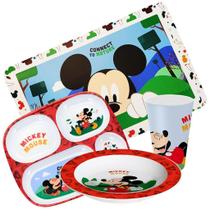 Kit Refeição Infantil Mickey Mouse Disney 4 Peças Melamina Prato, Bandeja, Copo e Lugar Americano - Tuut