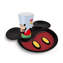 Kit Refeição Infantil Mickey Mouse Prato Divisória Orelha e Copo Melamina
