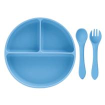 Kit Refeição Infantil Mimo Style Silicone Azul Jogo 3pçs Prato e Talheres para Bebê