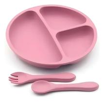 Kit Refeição Infantil Mimo Style Silicone Rosa Jogo 3pçs Prato e Talheres para Bebê